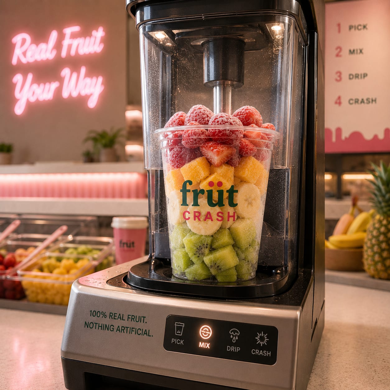 A FRÜT CRASH cup of layered fruit inside the in-store blender, its panel lit on MIX