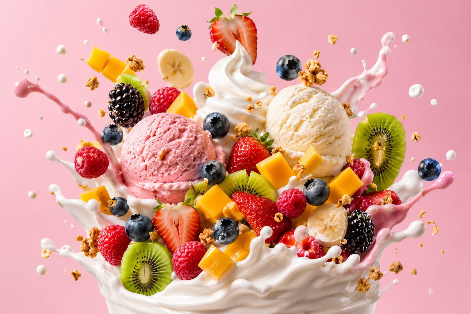 Fruit, yogurt and ice cream combining in one splash: strawberry and vanilla scoops, cream, berries, mango and kiwi