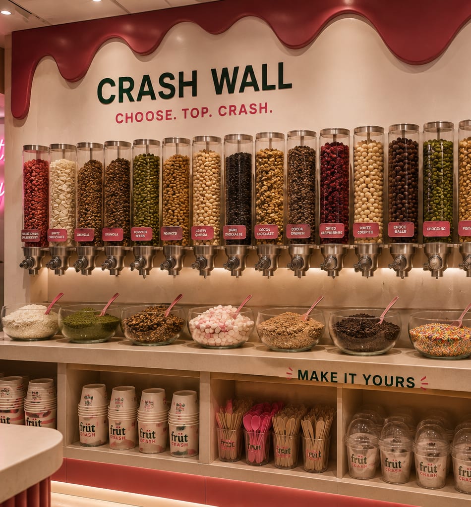 The Crash Wall in store: twenty topping dispensers over bowls of granola, pistachio, marshmallow, chocolate and sprinkles