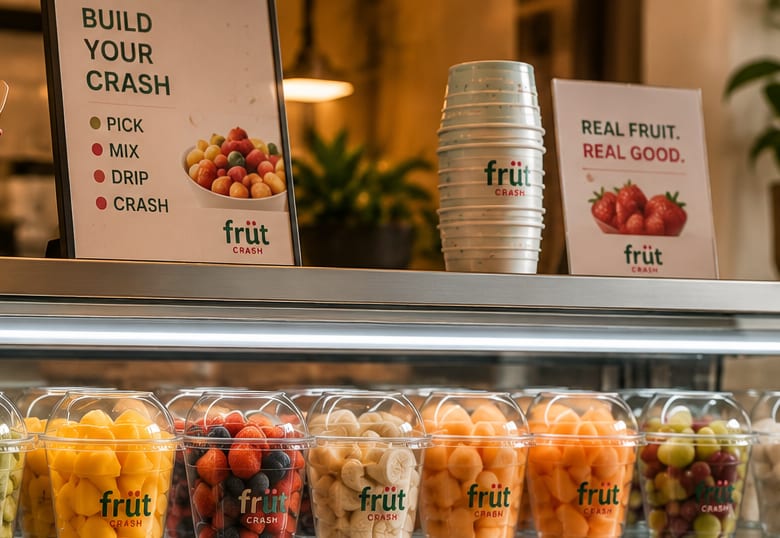A FRÜT CRASH display case with nine cups of freshly cut fruit under the BUILD YOUR CRASH sign