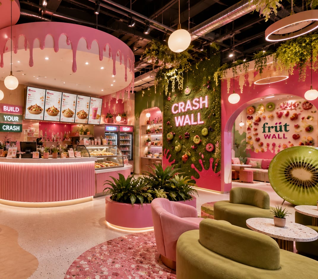 Inside a FRÜT CRASH flagship: the Crash Wall, oversized fruit, drip ceiling and pink seating