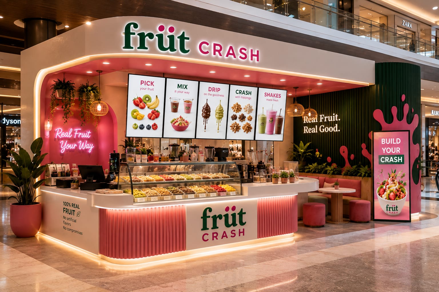 A FRÜT CRASH kiosk in a shopping mall, with digital menu boards, topping display and blenders