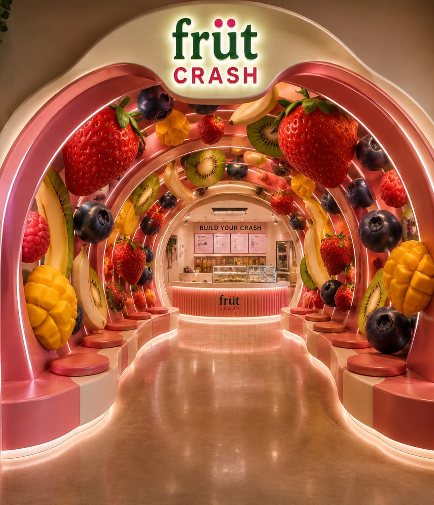The fruit tunnel at the entrance of a FRÜT CRASH flagship, arched with oversized strawberries, mango, kiwi and blueberries