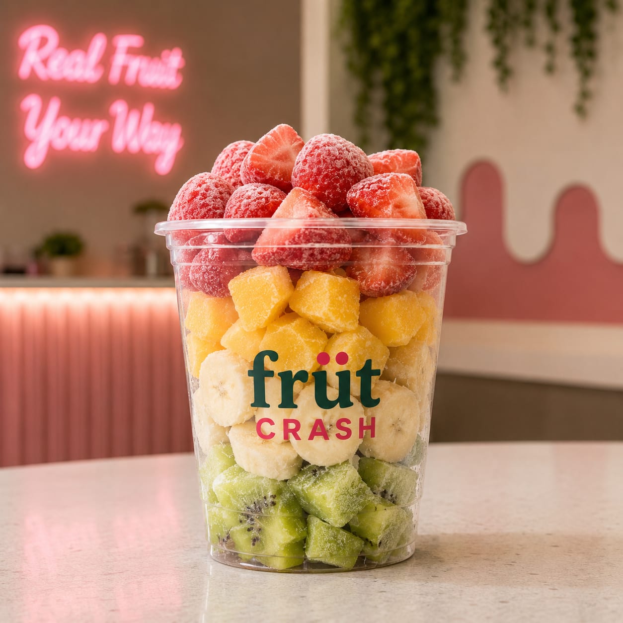 A FRÜT CRASH cup layered with kiwi, banana, mango and frozen strawberries