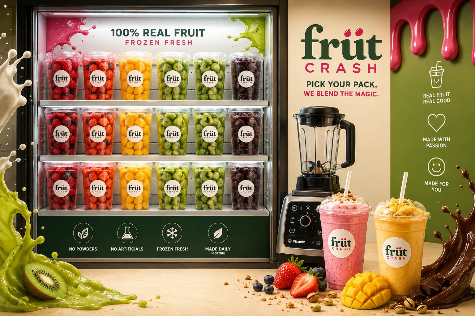 A fridge of frozen fruit packs beside a blender and two finished FRÜT CRASH shakes