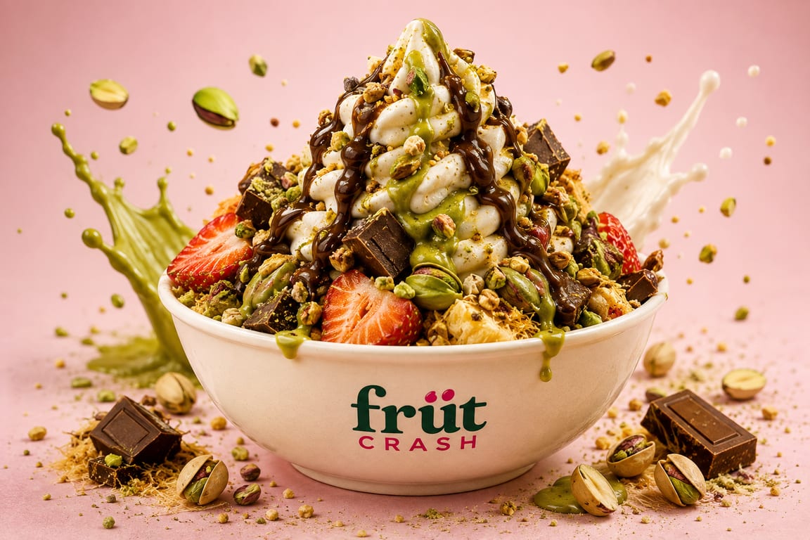 Dubai Crash: soft serve with pistachio, Belgian chocolate, kataifi and strawberries