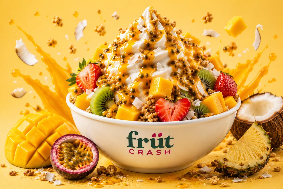Tropical Crash: frozen yogurt with mango, passion fruit, kiwi, coconut and pineapple
