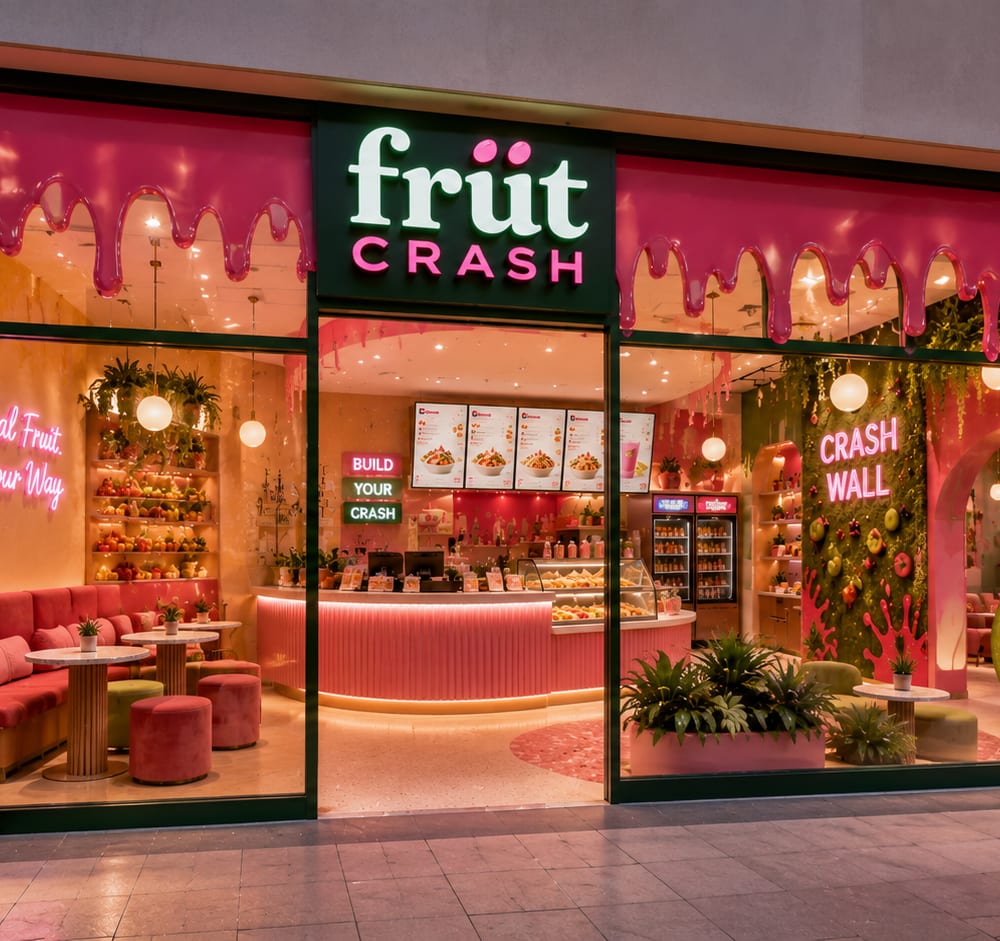A FRÜT CRASH storefront at dusk, with the dripping façade and lit interior